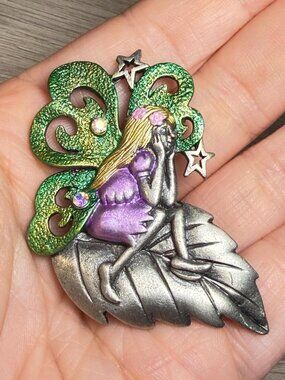 Fairy Brooch Signed DD Glitter Wings Purple Dress Silver Tone Elf Pin